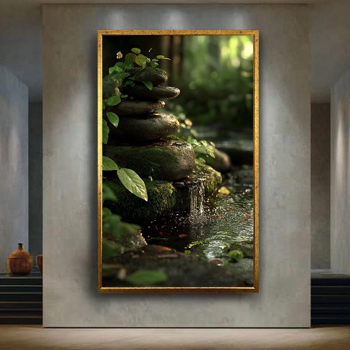 Zen Nature Canvas Wall Art With Mossy Stones And Flowing Stream Peaceful Forest Print For Spa Meditation Or Healing Room Decor