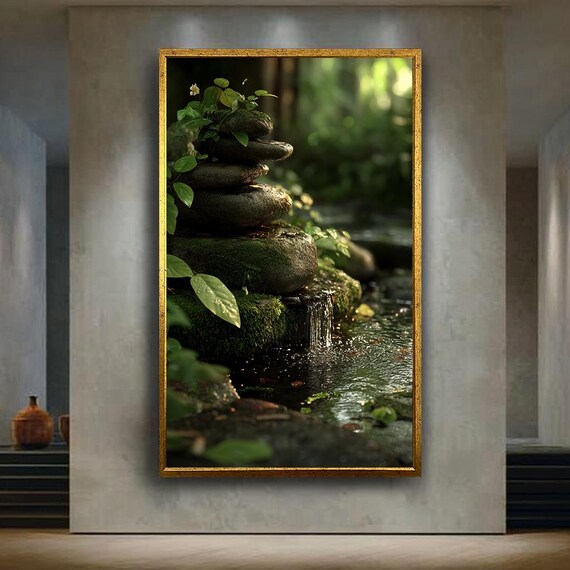 Zen Nature Canvas Wall Art With Mossy Stones And Flowing Stream Peaceful Forest Print For Spa Meditation Or Healing Room Decor