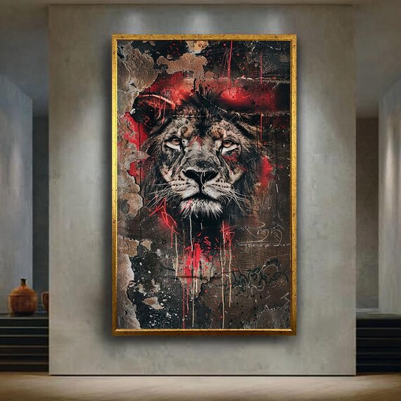 Graffiti Lion Canvas Wall Art Red And Black Urban Jungle Street Style Print Powerful Modern Animal Artwork With Bold Texture