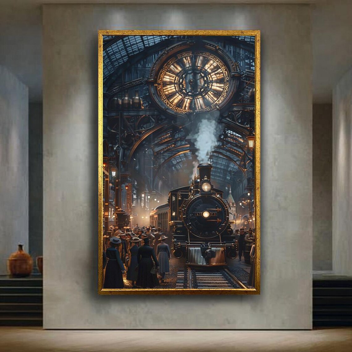 Vintage Steam Train Station Travel Poster, Steampunk Clock