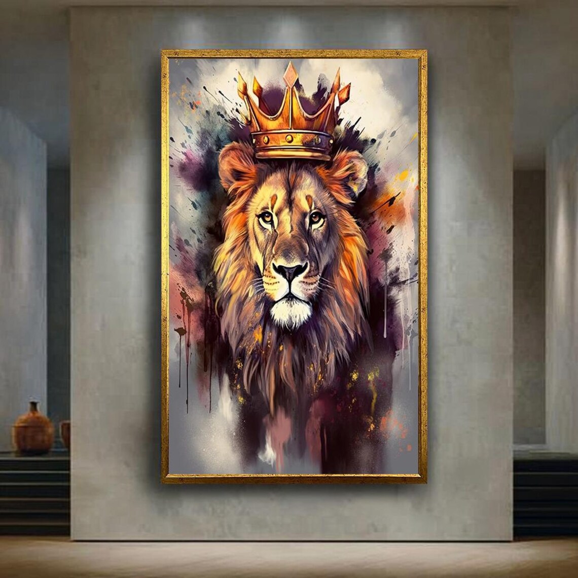 Crowned Lion King Watercolor Portrait Regal Animal Art Poster