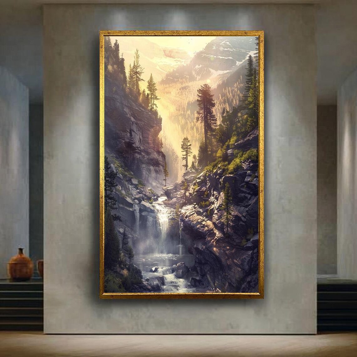 Sunlit Mountain Waterfall Valley Forest Cliffside Scenic Nature Print
