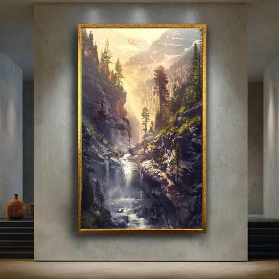 Mountain Waterfall Canvas Wall Art Print With Sunlight And Forest Valley Majestic Nature Landscape Artwork For Rustic Or Modern Home Decor