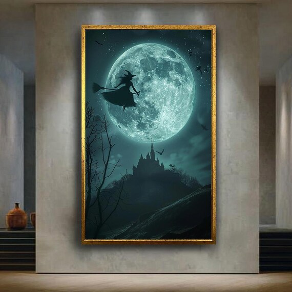 Witch Flying Across Full Moon Canvas Wall Art With Haunted Castle Spooky Halloween Fantasy Print For Gothic Or Dark Magical Decor