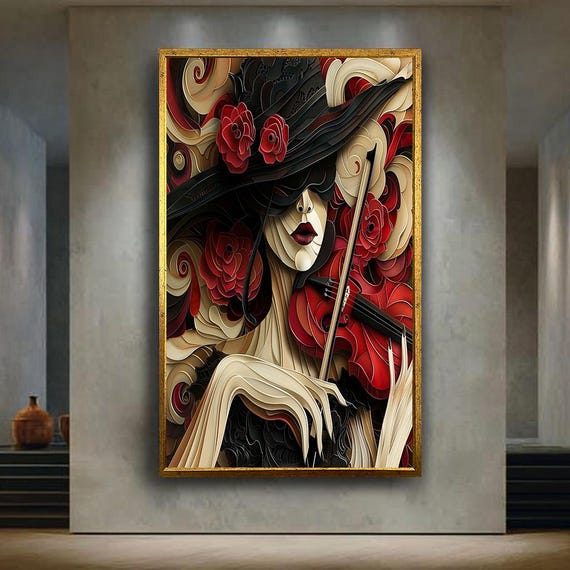 Abstract Woman With Violin Wall Art Red Rose Paper Style Canvas Print Elegant Musical Portrait Poster For Artistic Home Decor Gift