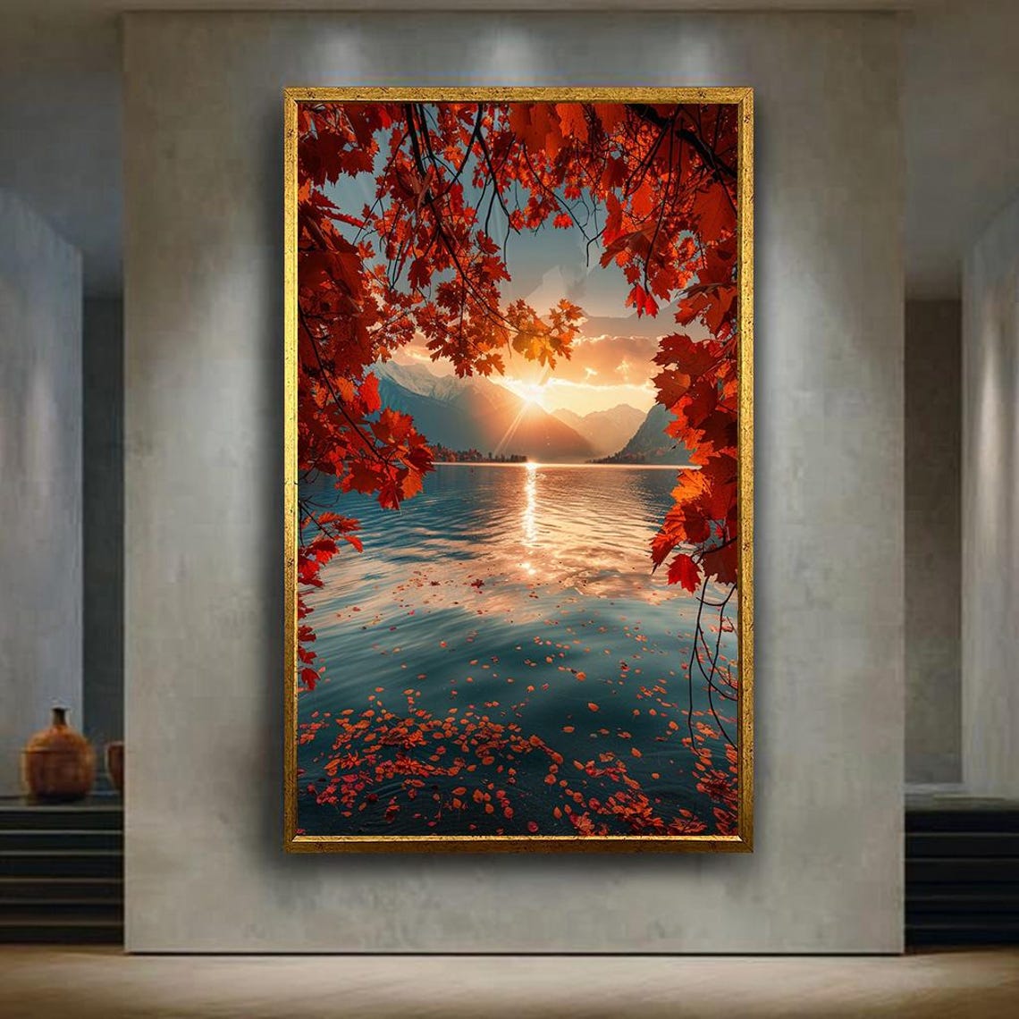 Autumn Sunset Lake Canvas Wall Art Print With Red Leaves And Mountain View Tranquil Fall Landscape Artwork For Nature Inspired Home Decor