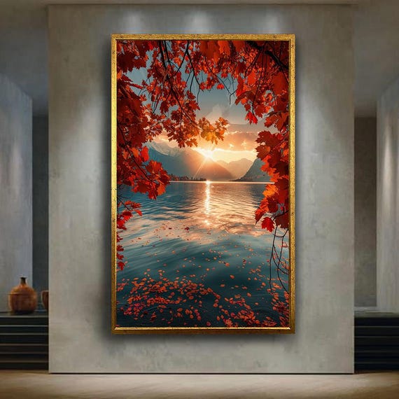 Autumn Sunset Lake Canvas Wall Art Print With Red Leaves And Mountain View Tranquil Fall Landscape Artwork For Nature Inspired Home Decor