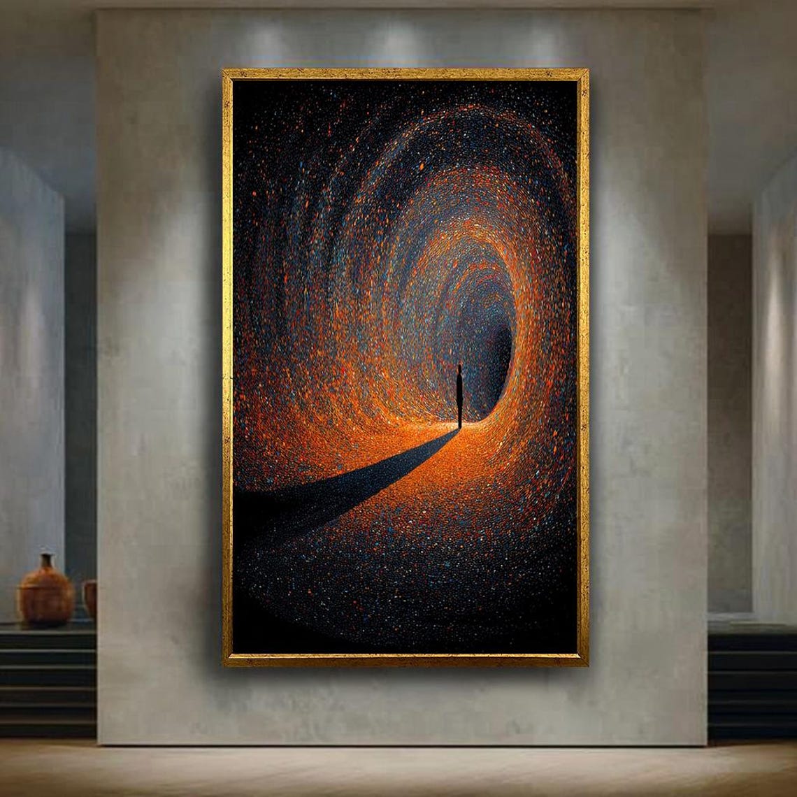 Silhouette Figure Glowing Spiral Tunnel Pointillism Night Poster