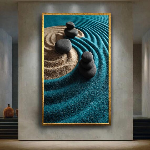 Modern Zen Garden Canvas Print Turquoise Sand And Black Stones Wall Art For Meditation Room Spa Decor Or Minimalist Home Interior