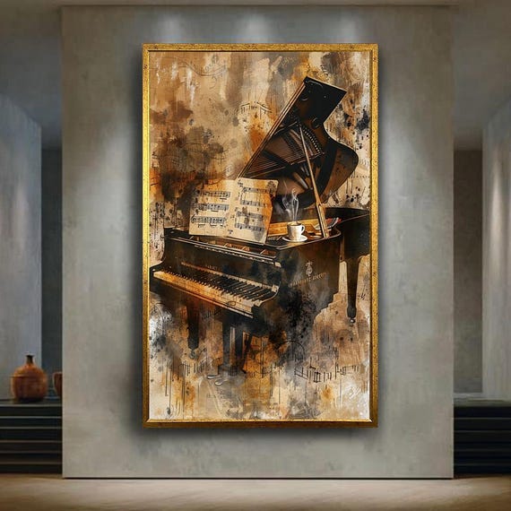 Vintage Grand Piano Canvas Wall Art Classical Music Sheet And Coffee Cup Artwork For Lovers Studio Or Cozy Home Decor