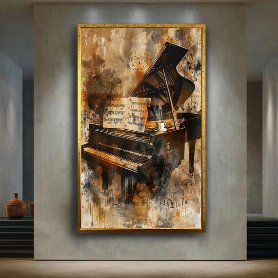 Vintage Grand Piano With Sheet Music and Coffee Sepia Art Poster