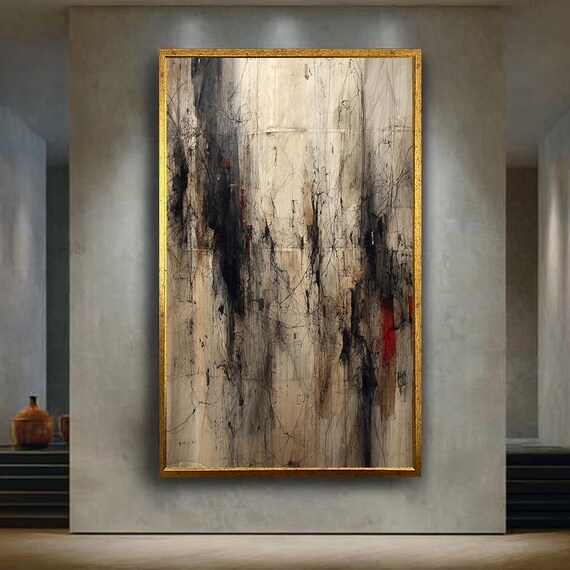 Modern Abstract Line Art Canvas Print Neutral Black And Beige Wall With Subtle Red Accents For Minimalist Or Contemporary Decor