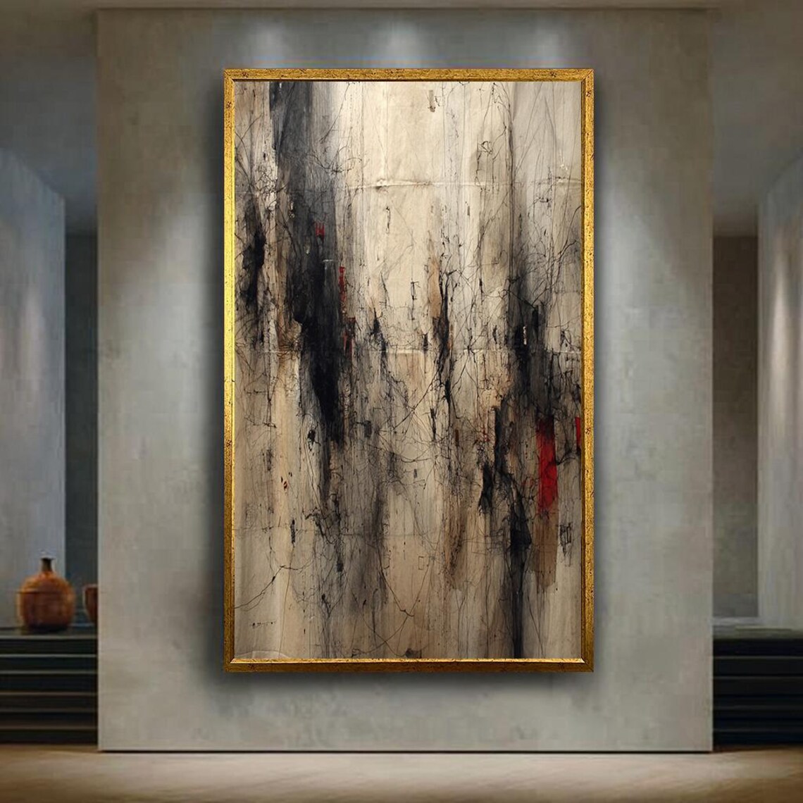 Modern Abstract Line Art Canvas Print Neutral Black And Beige Wall With Subtle Red Accents For Minimalist Or Contemporary Decor