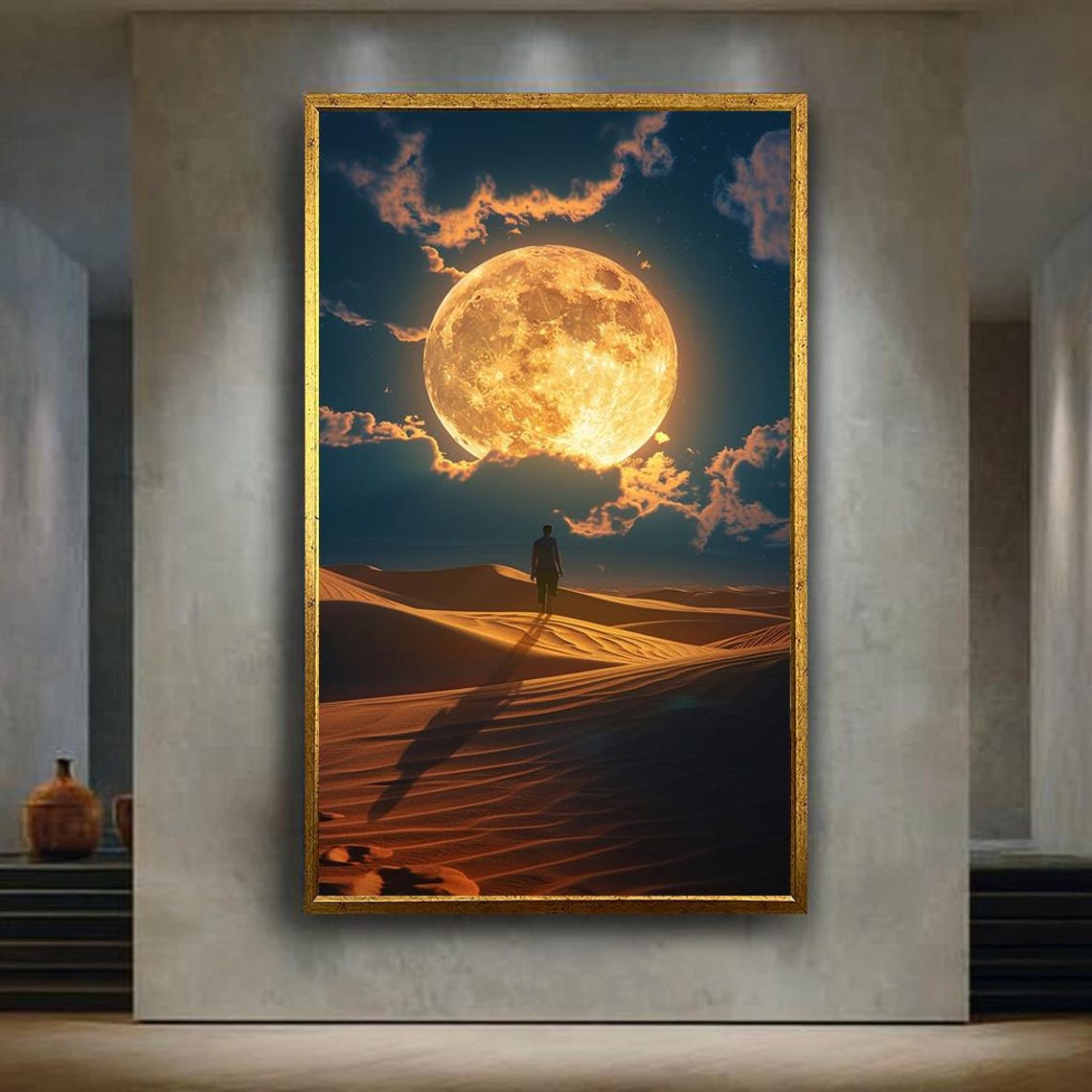 Giant Golden Moon Over Desert Dunes With Lone Walker Night Poster