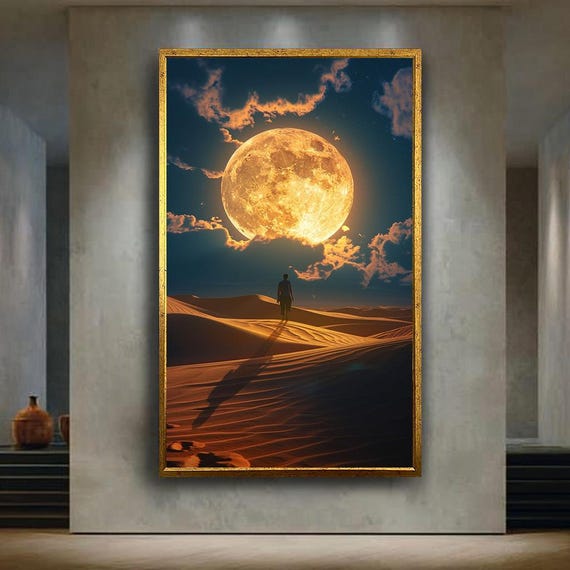 Golden Moon Desert Wall Art Surreal Night Canvas Print Spiritual Landscape Poster For Dreamy Home Decor Or Cosmic