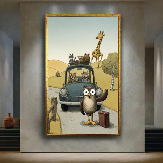 Whimsical Animal Car Journey Wall Art Print Cute Owl And Friends Illustration Canvas Storybook Style Poster Kids Room Decor