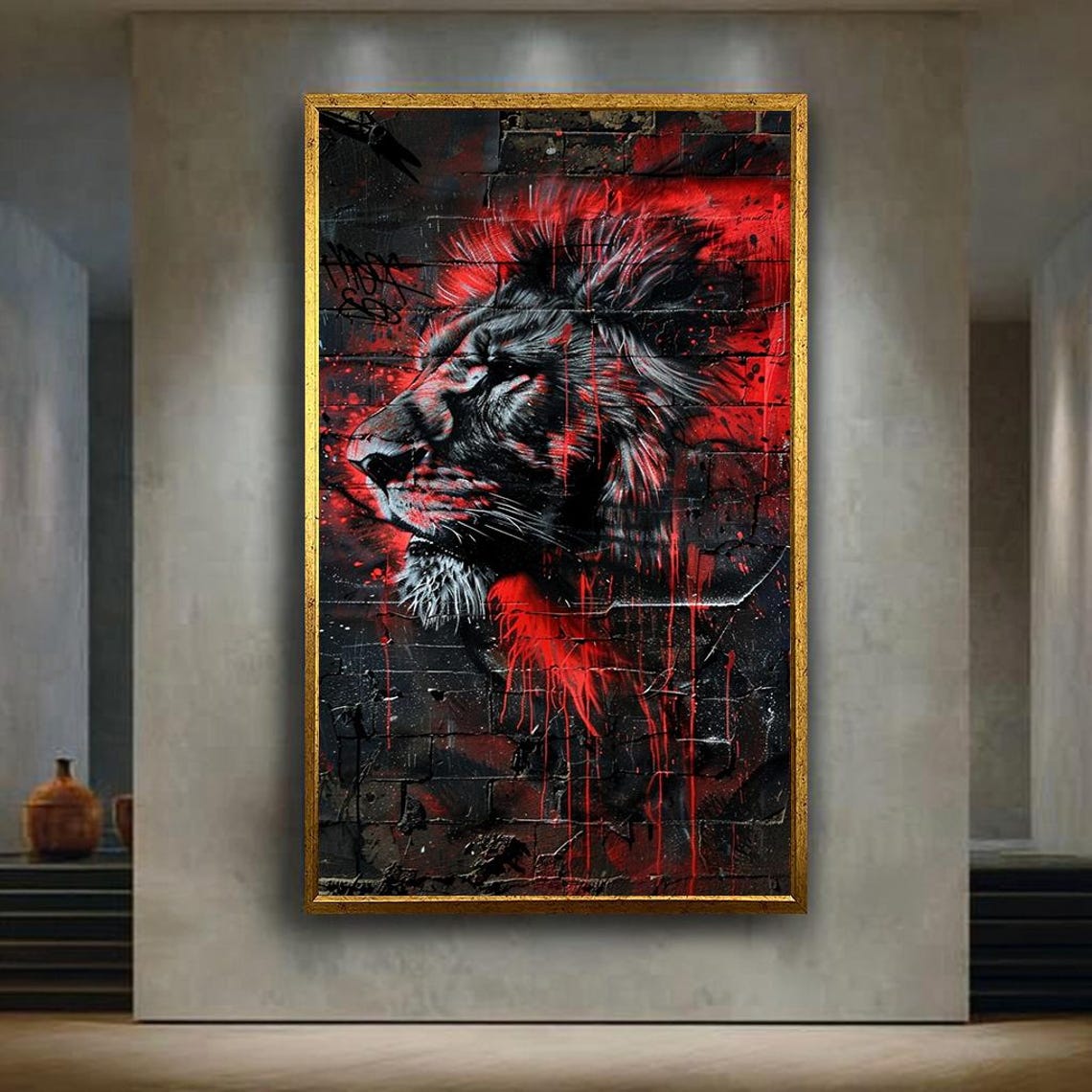 Fierce Lion Graffiti Painted On Red Brick Urban Mural Style Print
