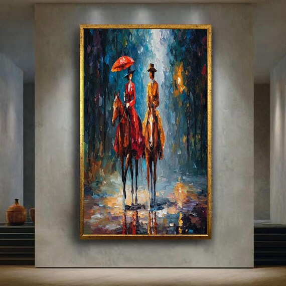 Elegant Couple Horseback Riding In Rainy Forest Abstract Oil Painting Style Print Colorful Romantic Wall Art For Home Decor