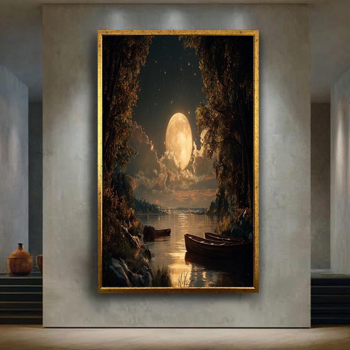 Full Moon Lake Boats Moonlit Water Reflection Night Scene Poster