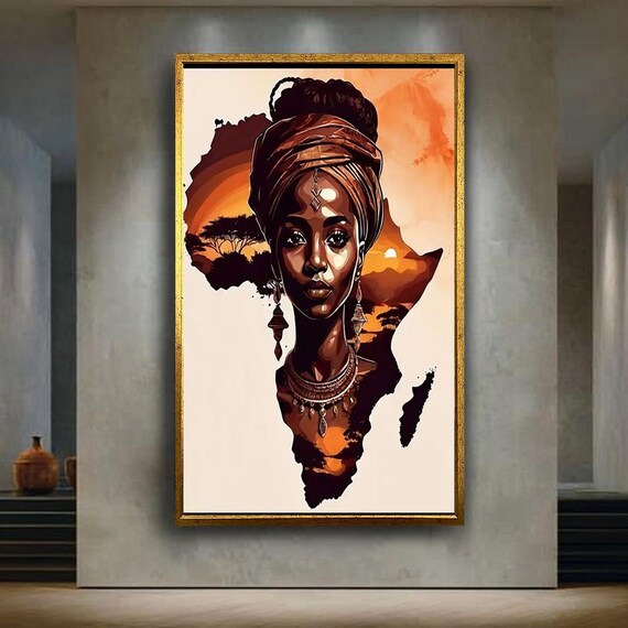 African Woman Canvas Wall Art Print Ethnic Tribal Portrait With Sunset Map Design Cultural Home Decor Afrocentric Artwork For Living Room