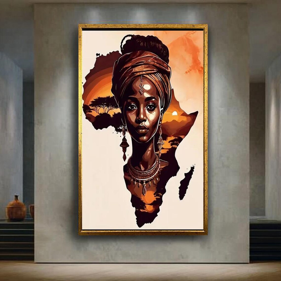African Woman Headwrap Portrait Over Africa Map Sunset Art Poster