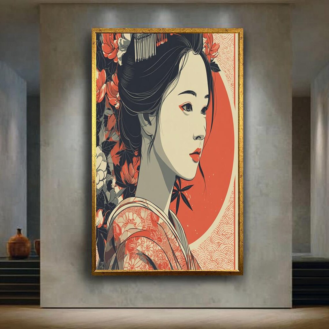 Geisha Portrait Red Sun Floral Modern Japanese Illustration Poster