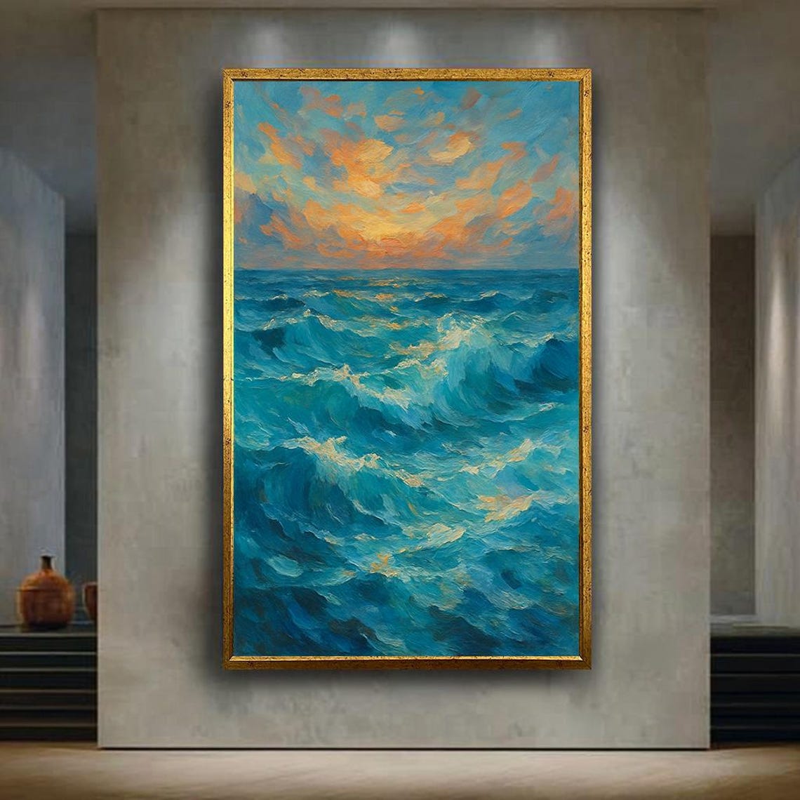 Turquoise Ocean Waves at Sunset Impressionist Seascape Painting Poster