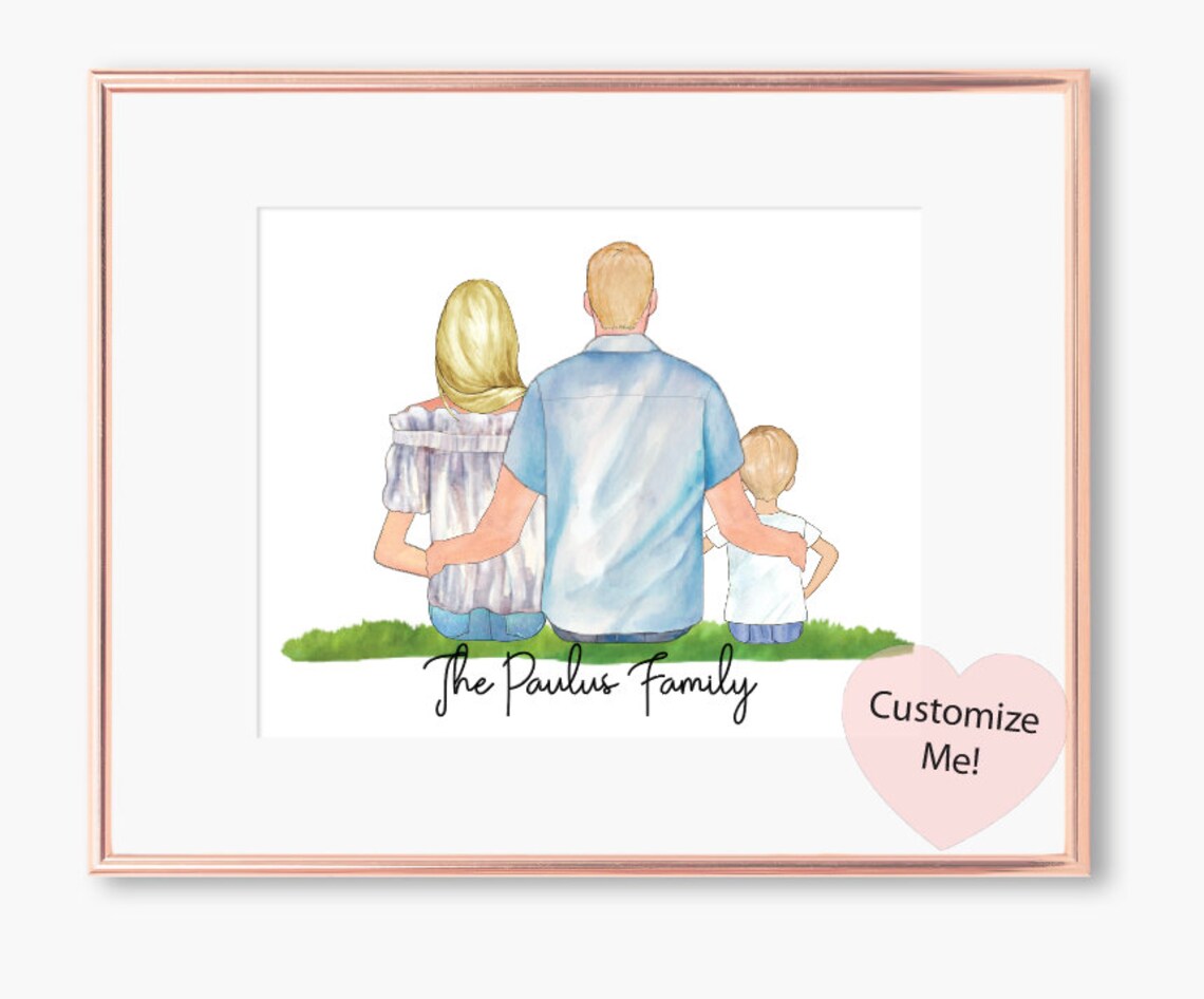Mom Dad and Child Custom Portrait Poster Family of Three Watercolor