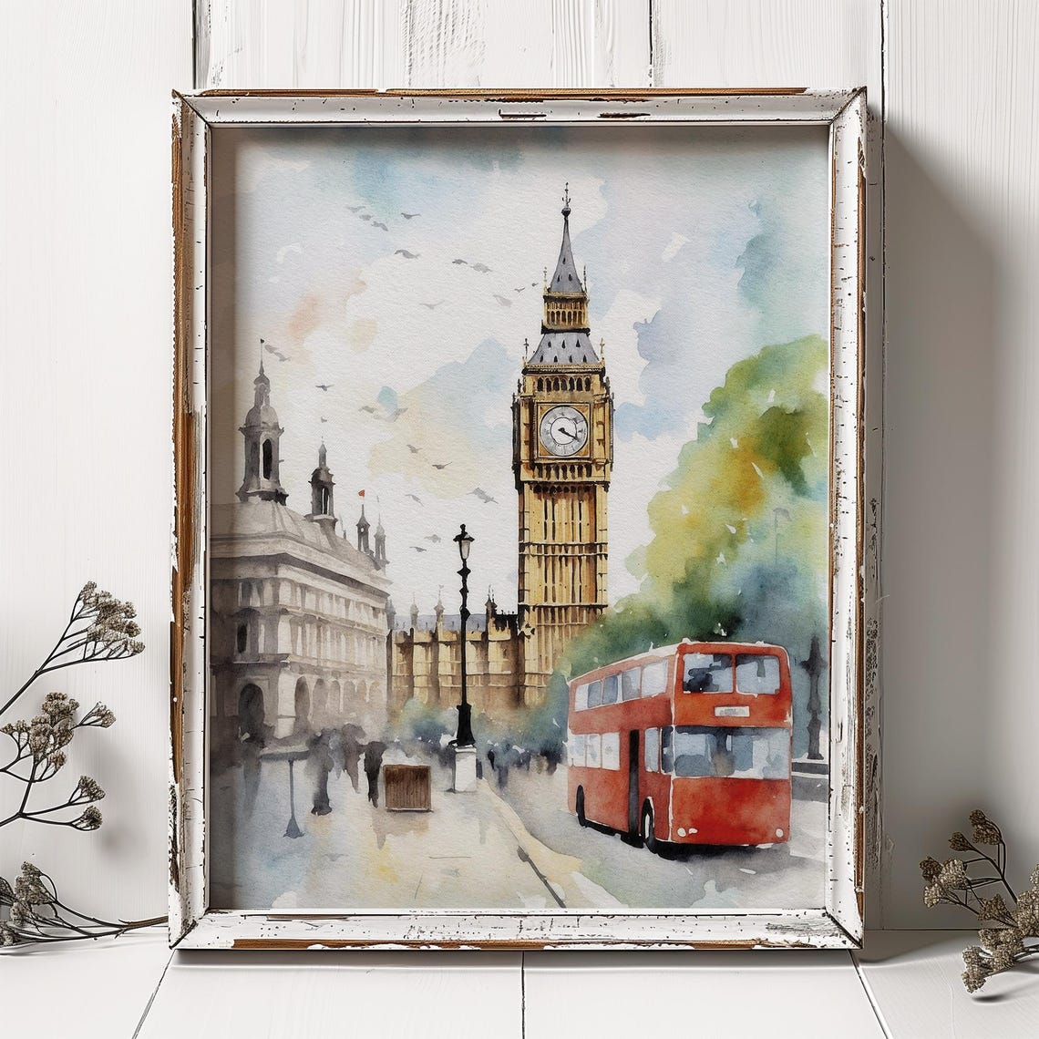 London Big Ben Red Double Decker Bus Watercolor England Travel Poster - Image 4