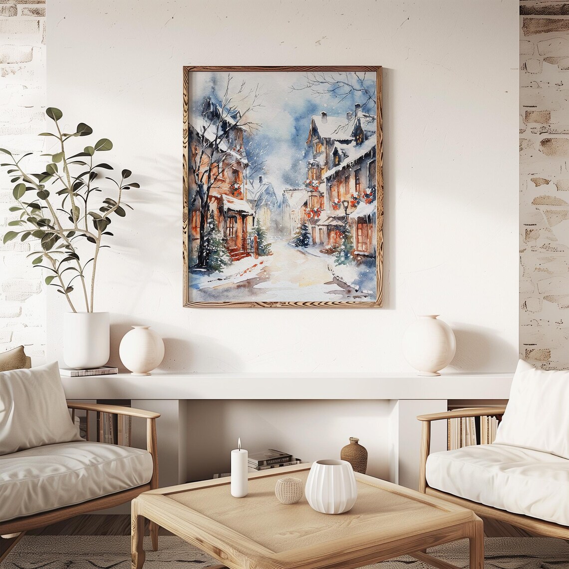 Snowy Christmas Village Street Old Town Winter Watercolor Art Poster - Image 4