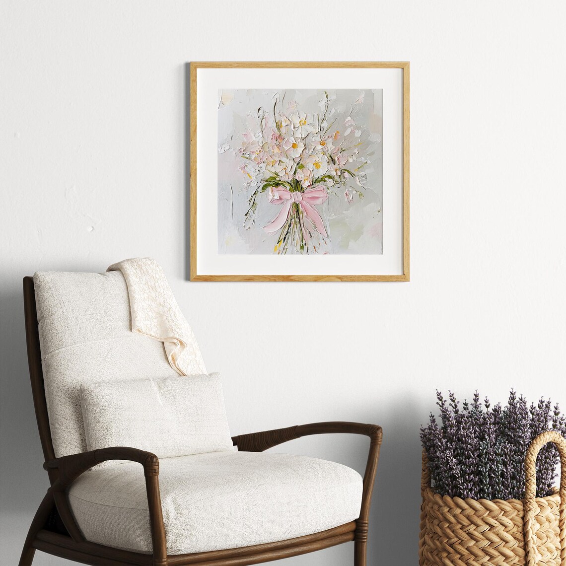 Wildflowers With Pink Bow, Neutral Beige Art Print - Image 2