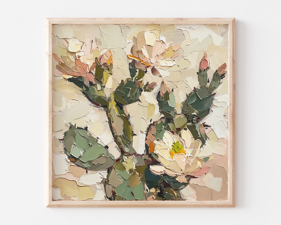 Flowering Prickly Pear Cactus White Blossoms Textured Oil Art Print