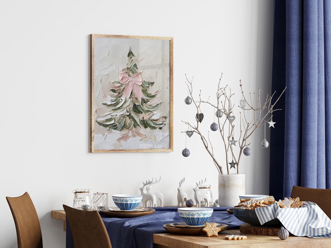 Christmas Tree Oil Print With Pink Bow, Holiday Poster - Image 2