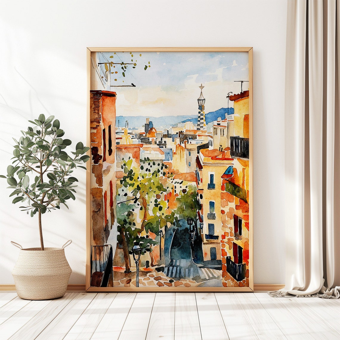Barcelona Old Town Street Park Guell Tower Watercolor Cityscape Poster - Image 4