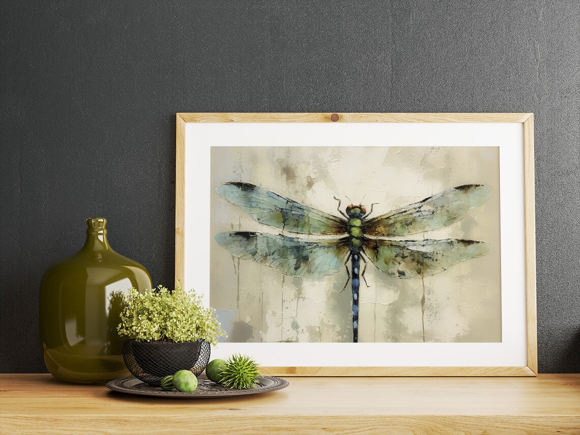Green Dragonfly Oil-Painting Style Wall Art Print - Image 2