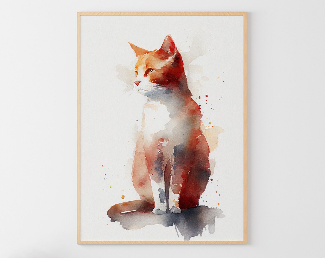 Ginger Orange Cat Watercolor Cute Sitting Kitty Pet Animal Art Poster
