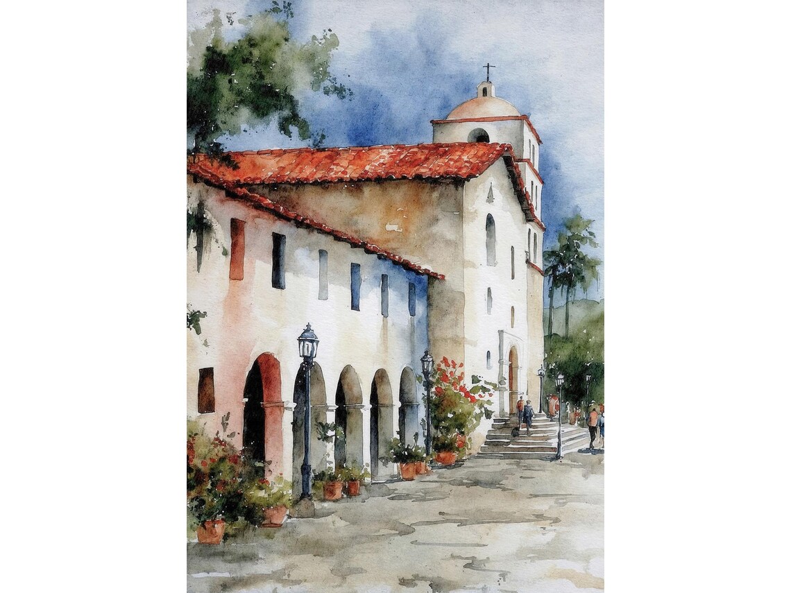 Santa Barbara Old Mission Watercolor Print California Spanish Arches Art