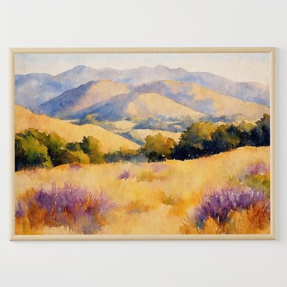California Hills Watercolor Print San Luis Obispo Painting Mountain Wall Art Valley Landscape Oak Tree Artwork
