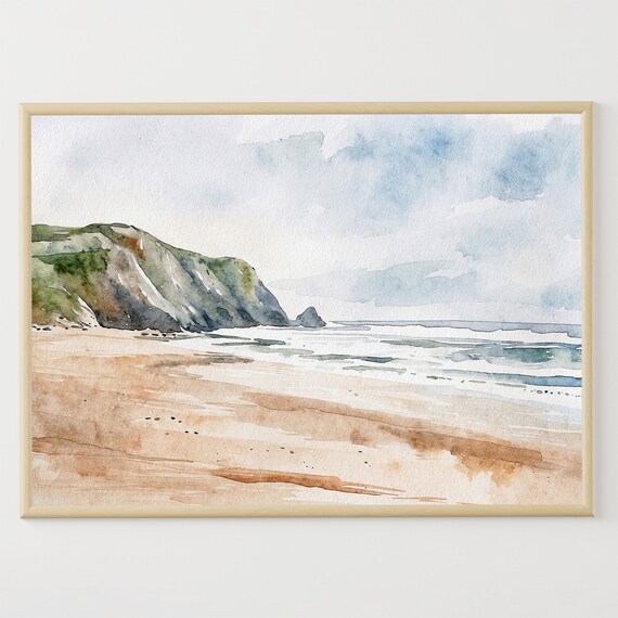 Cornwall England Sandy Beach Cliffs Neutral Seascape Art Poster