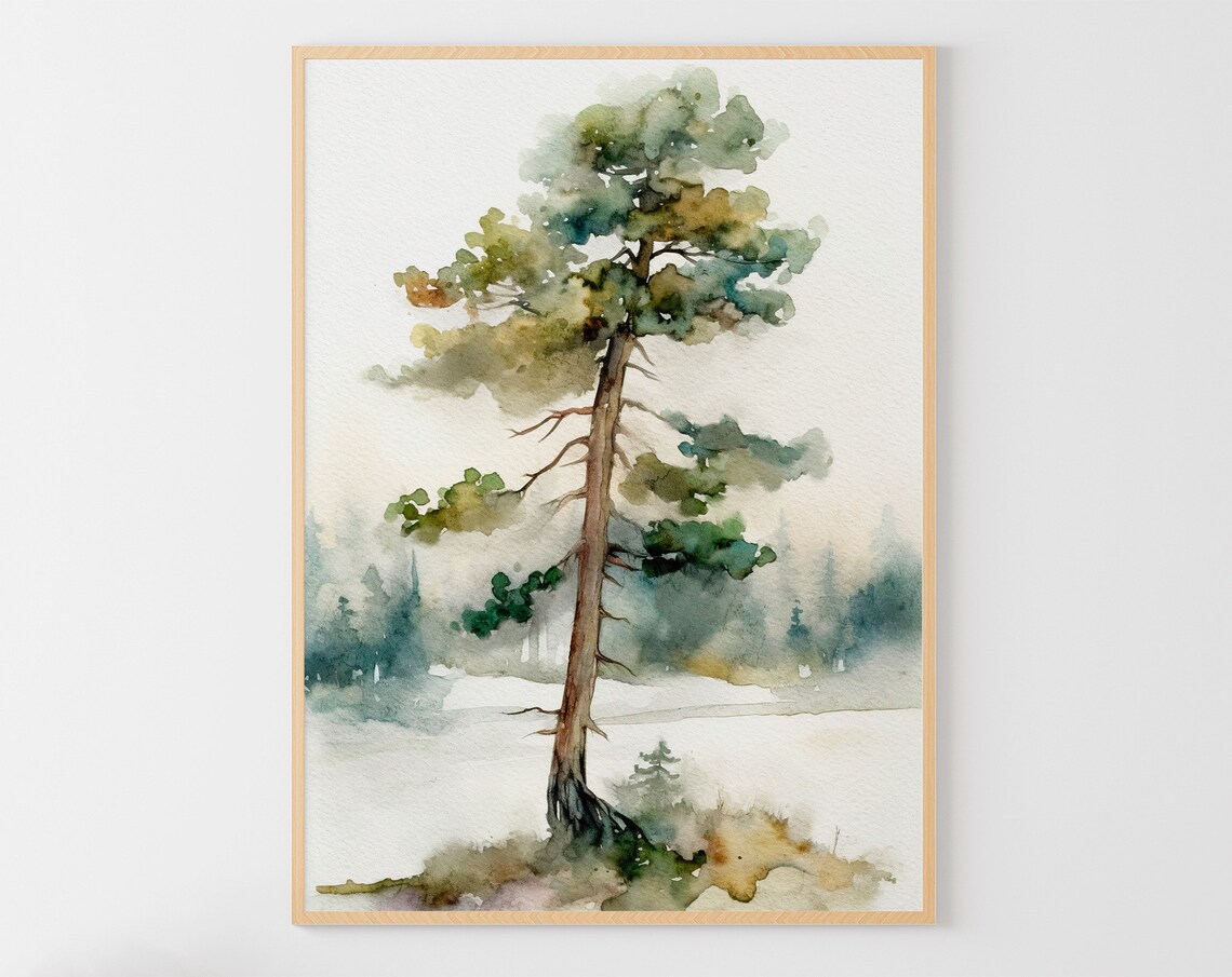 Pine Tree Watercolor Forest Poster, Neutral Nature Art