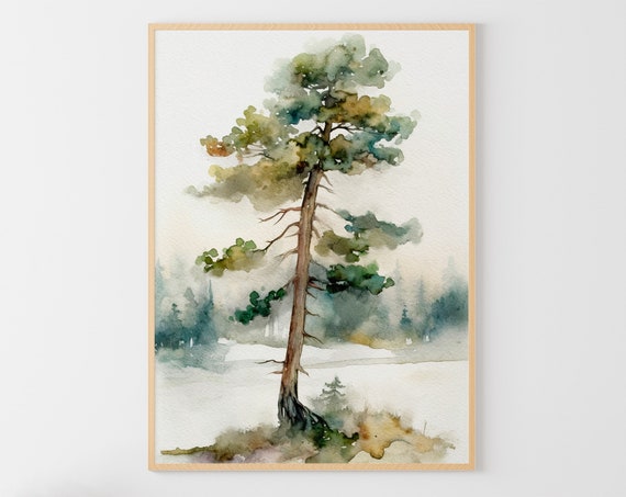 Pine Tree Watercolor Forest Poster, Neutral Nature Art