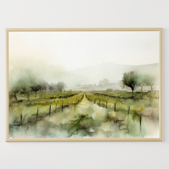 Vineyard Watercolor Art Print, Napa Valley Landscape