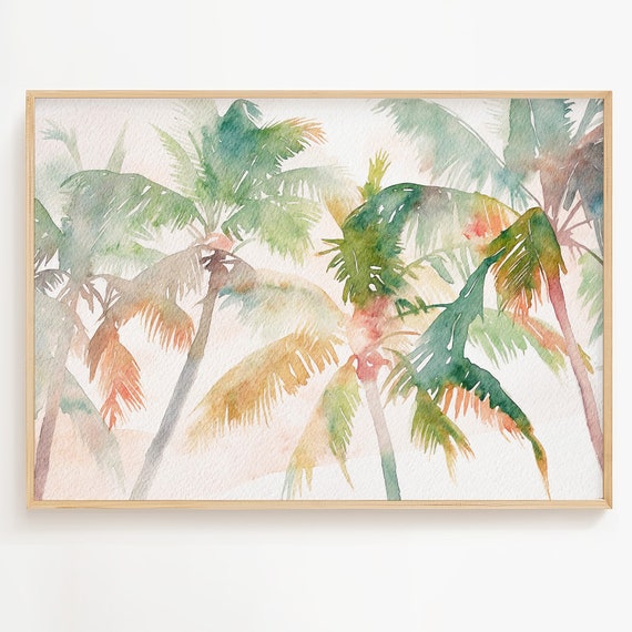 Palm Trees Watercolor Art Print, Tropical Coastal