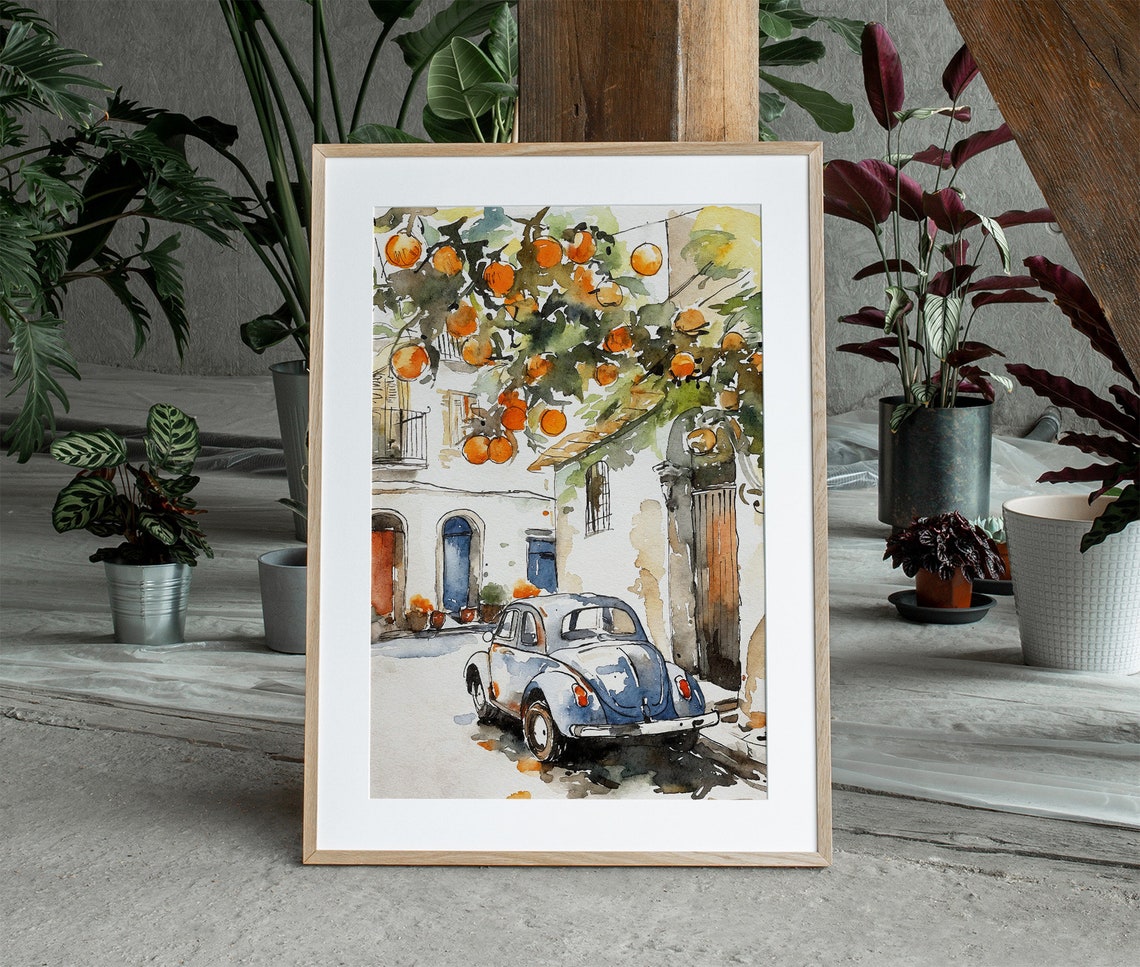 Amalfi Italy Vintage Blue Beetle Orange Tree Cobblestone Street Poster - Image 2