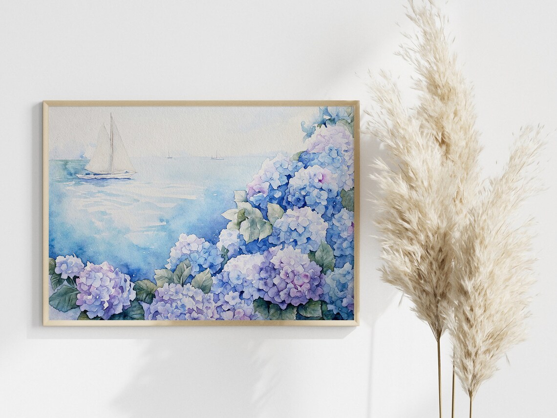 Cape Cod Sailboat Blue Hydrangeas Nautical Beach House Watercolor Poster - Image 3