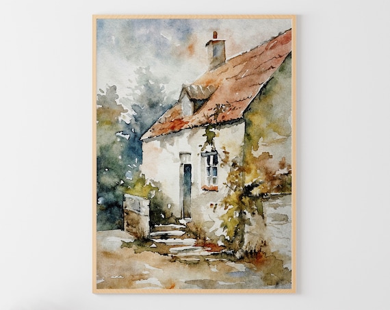 English Cottage Watercolor Art Print, Vintage House