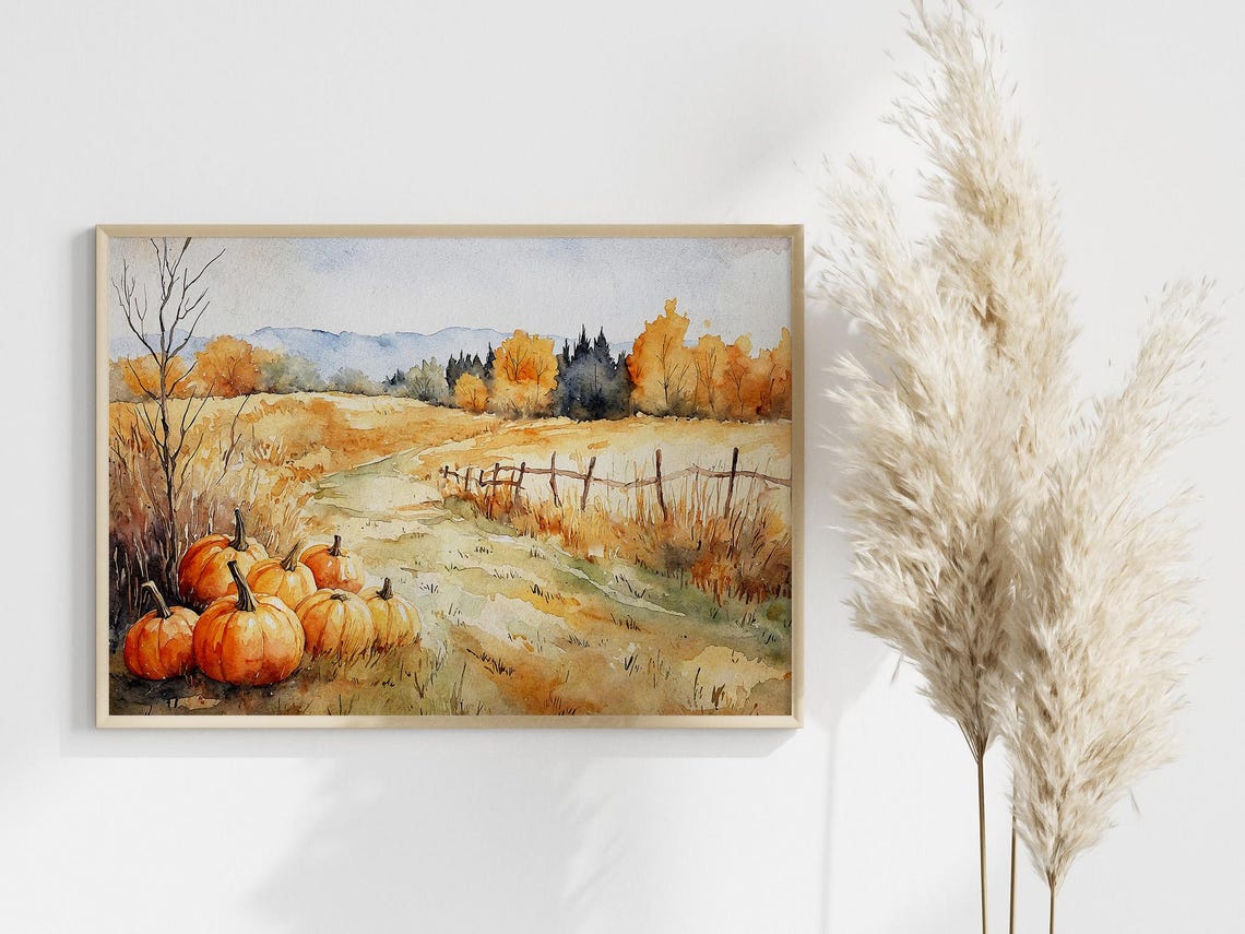 Pumpkin Patch Autumn Farm Field Golden Harvest Watercolor Scene Poster - Image 4
