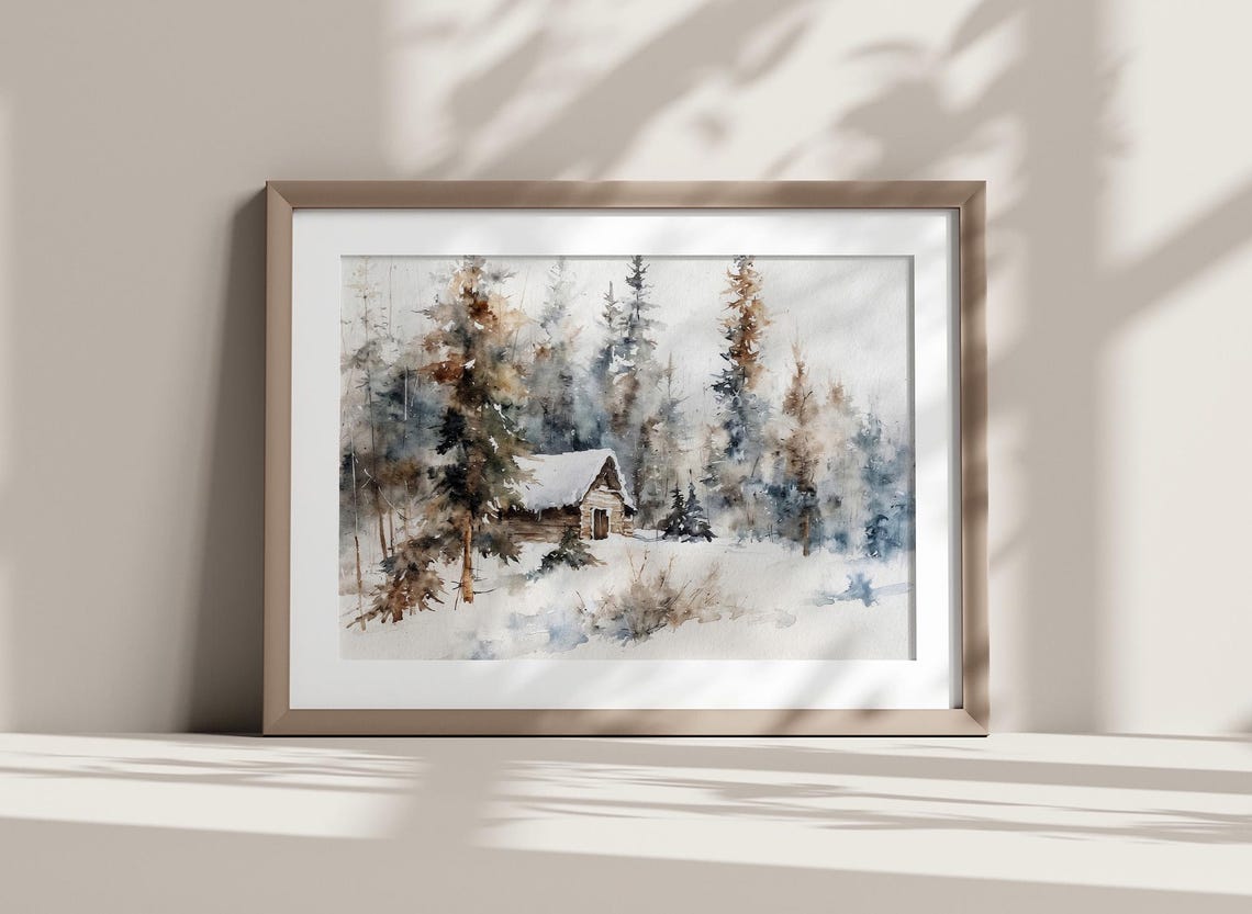 Snowy Log Cabin Winter Forest Hideaway Watercolor Rustic Scene Poster - Image 4