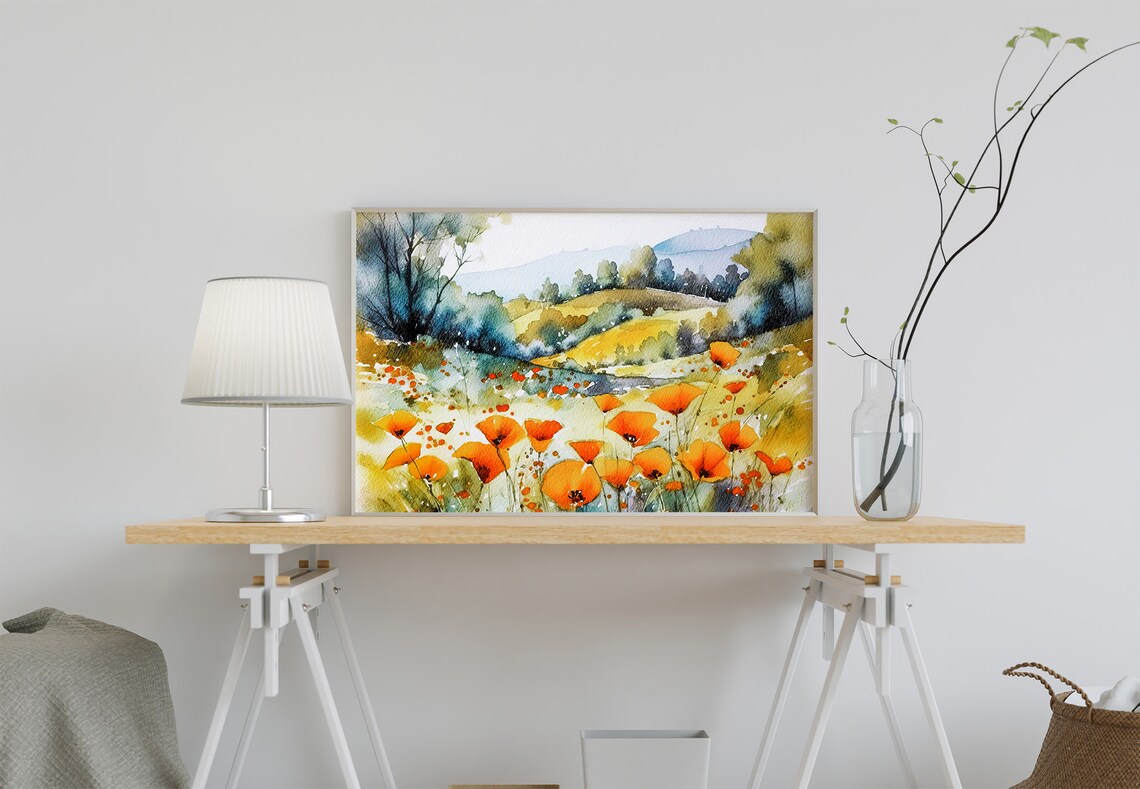 Poppy Field Watercolor Art Print, California Wildflowers - Image 2
