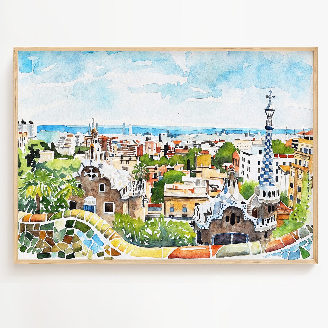 Barcelona Park Guell Mosaic Terrace Gaudi City View Watercolor Poster
